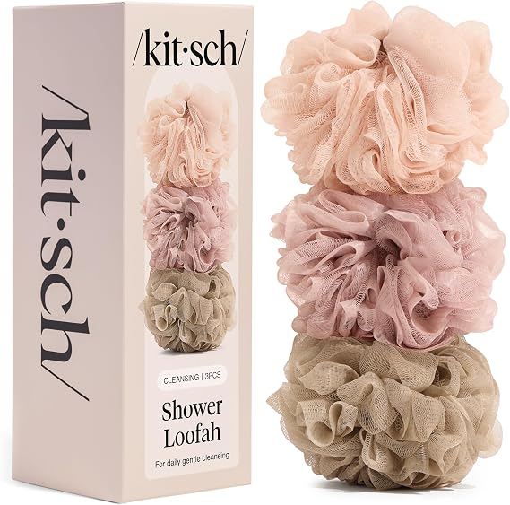 Kitsch Shower Loofah Soft Mesh Body Scrubber & Bath Sponge - 3pc Set | for Daily Gentle Cleansing Durable Loofah for Men and Women with Hanging Loop Eco-Friendly, 100% PCR Material