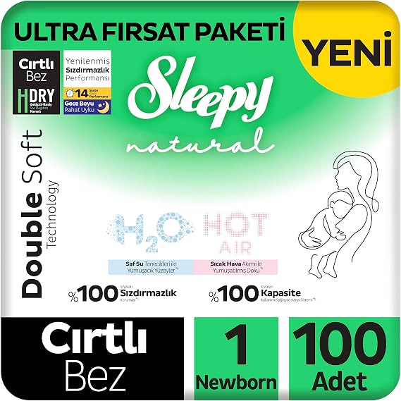 Sleepy Natural Double Soft Ultra Fırsat Paketi Bebek Bezi 1 Numara Newborn 100 Adet