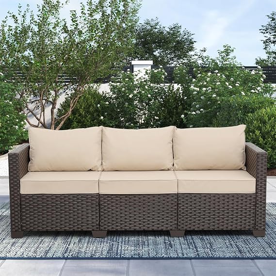Outdoor Furniture Couch 3 Seater Sofa Outdoor Brown Wicker Sofa Deep Seat High Backrest Patio Couch with Non-Slip Cushions Waterproof Cover, Khaki
