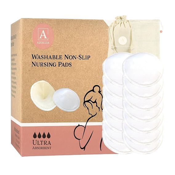 Reusable Non-Slip Nursing Pads, 14 Washable Organic Cotton Breast Pads, Ultra Absorbent & Leakproof, Soft, Thin & Discreet, Comfortable for Sensitive Skin, Postpartum Essential