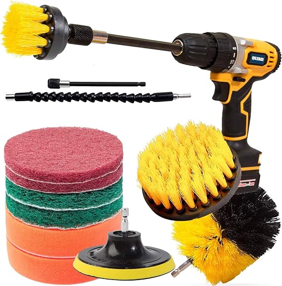 Drill Brush, Drill Brush Attachments Set, Scouring Pads, Scrub Pads & Sponge, Buffing Pads, Power Scrubber Brush Replaceable with Extend Attachment, Car Polishing Pad Kit (13pcs)