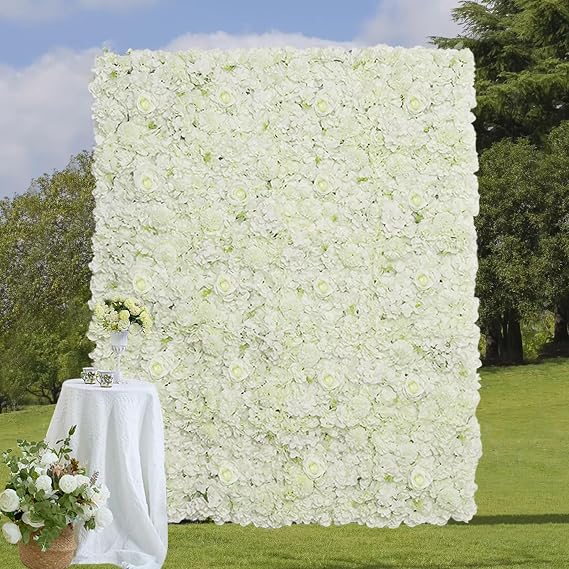 White Artificial Flower Wall Backdrop: 7.5ftx3.74ft Roses Wall Background Panels 3D Fake Floral Wall Decor for Wedding Anniversary Birthday Party