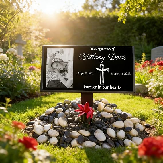 Personalized Photo Headstone, Engraved Black Granite Grave Marker (Picture left)