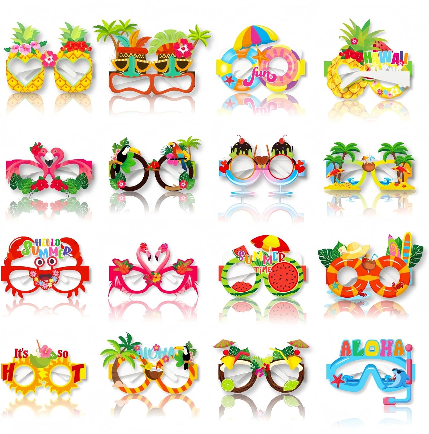 16 Pack Beach Pool Party Eyeglasses Decor, Mardi Gras Luau Paper Glasses, Hawaiian Sunglasses Frame Tropical Pool Props Photo Booth Props for Carnival Beach Party Favor Birthday Supply Decor