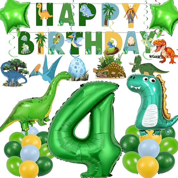 4th Dinosaur Birthday Party Decorations Set | Birthday Banners, Balloons, Numer 4 Foil Balloon, Hanging Swirl Streamers, Dinosaur Party Supplies for 4 Years Old Multicolor