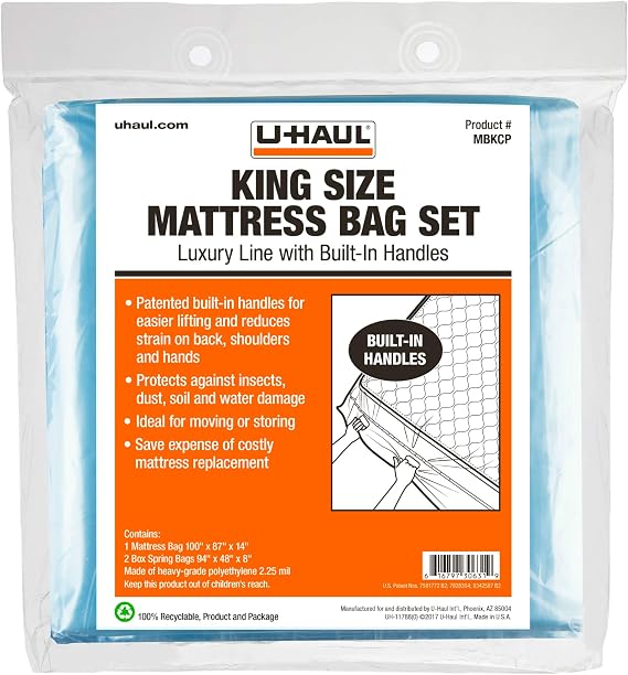 U-Haul Deluxe King Mattress and Box Spring Bag Set Moving and Storage Protection Cover 2.25 Mil Includes 1 Mattress Bag, 2 Box Spring Bags