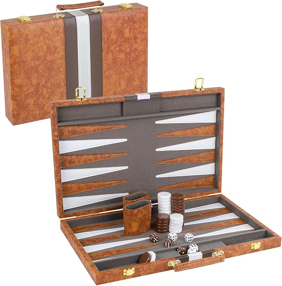 Backgammon Set, 17 Inch Portable Board Game with PU Leather Case for Adults, Brown Backgammon Travel Set
