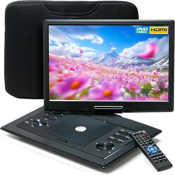 Portable DVD Player with 15.4" Swivel Screen, Rechargeable Battery, Remote Control, Car DVD Player with Dual Speakers, DVD Player Portable for Kids, Support CD/DVD/SD Card/USB, Include Storage Bag