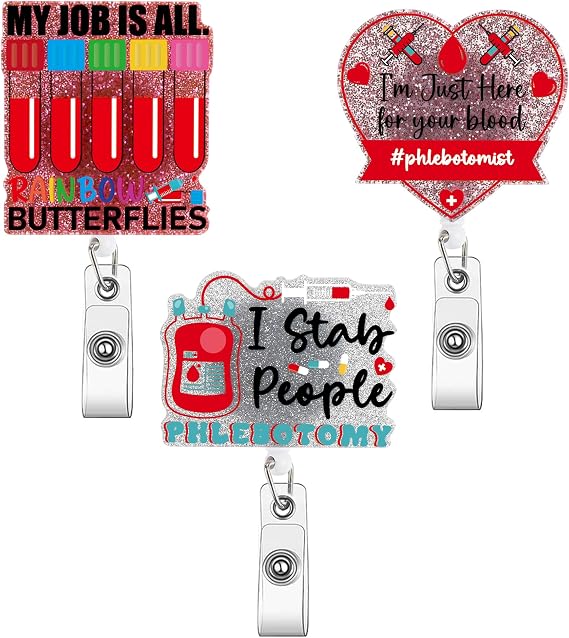 AFRITEE Blood Phlebotomist Badge Holder - Hospital School Nurse Supplies, ID Badge Holder Clip with Bling Acrylic Patch, Name Tag Cilps Retractable for Healthcare Work Docters Students