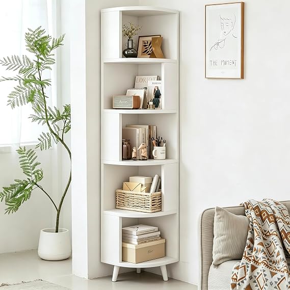 White Corner Bookshelf, Corner Shelf for Bedroom Living Room Office