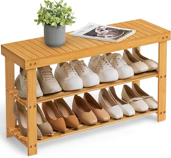 SONGMICS Shoe Rack Bench, 3-Tier Bamboo Entryway Bench, 35.4 Inches Width | Shoe Storage Organizer, Holds Up to 286.6 lb, Natural, BAMBOU Collection ULBS90N