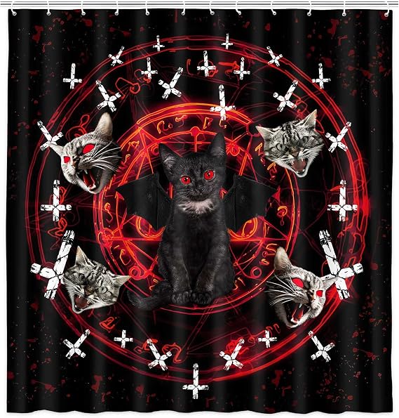 JAWO Funny Cat Shower Curtain, Black Cat Pentagram Death Black Metal, Waterproof Polyester Fabric with 12 Hooks, 69X70IN, Black Red
