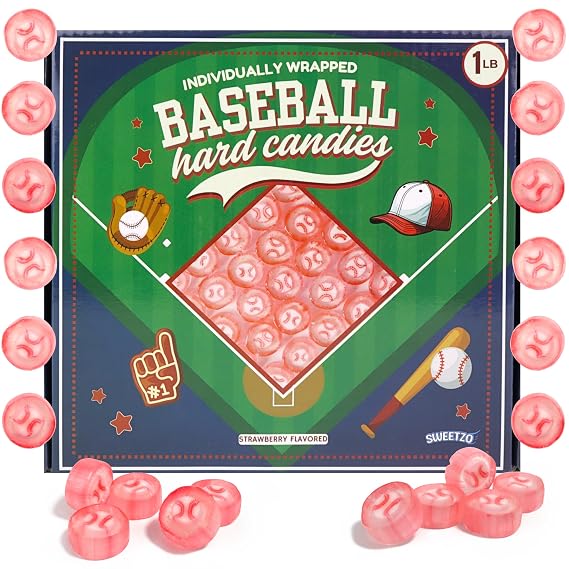 Bulk Baseball Candy, Individually Wrapped Hard Candies, Sports Themed Party Favors, Treat Bags, Snacks and Concessions, 1 Pound Box, 110 Pieces, Strawberry Flavor