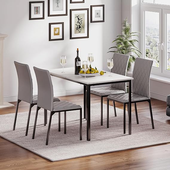 Hello-5ive Dining Table and Chairs Set of 4, Modern Dining Table Set Kitchen Furniture, Marble Effect Dining Table with 4 PU Leather Dining Chairs, 120x70cm Dining Room Set for Home Apartment (Grey)