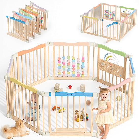 Foldable Wooden Playpen - Adjustable Wood Baby Play Yard with Child-Proof Lock, Indoor Large Safety Fence for Babies and Toddlers - Easy Assembly, 55 x 55 x 24 inches, Rainbow Dream, Colorful