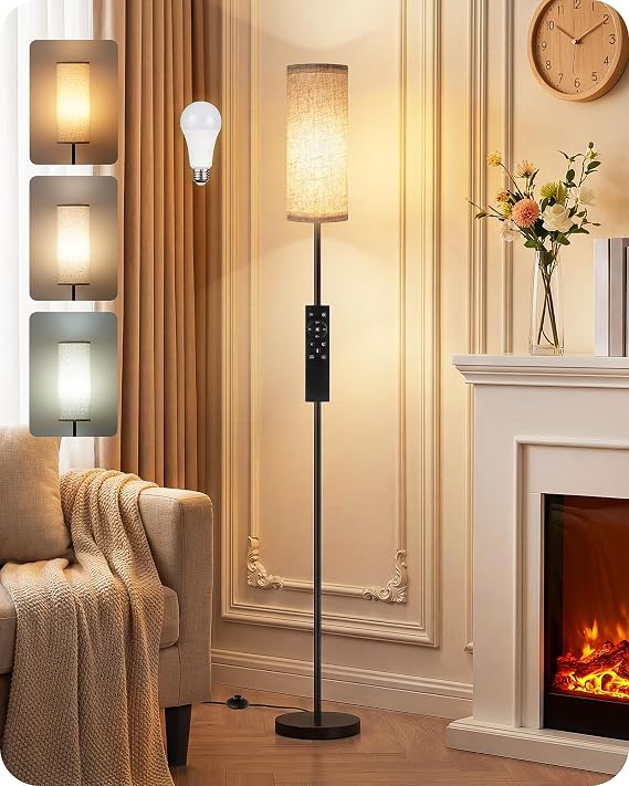 64.4 Slim Floor Lamp for Living Room with Magnetic Remote and Foot Switch, Dimmable Standing Tall Lamp Mood for Bedroom Nursery, 3 Color Temperatures, 1-Hour Timer,900LM Bulb Included,Beige E06LD05W1