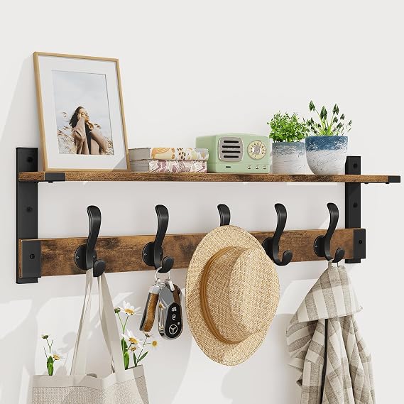 Coat Rack Wall Mount, 29 Inch Long Shelf with Hooks, Rustic Brown | Wood Entryway Shelf with 5 Hangers for Hanging Hat Jacket Backpack Purse
