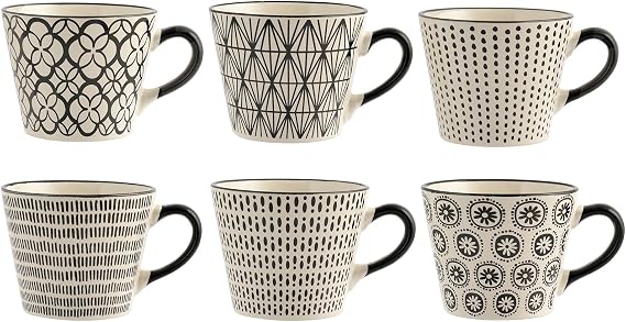 H&H vhera Set Jumbo Mugs, Stoneware, White/Black, 6 Units