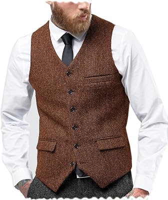 Tuikayoo Mens Herringbone Suits Vests Wool Business Tweed Retro Waistcoats Groomsman Slim Fit