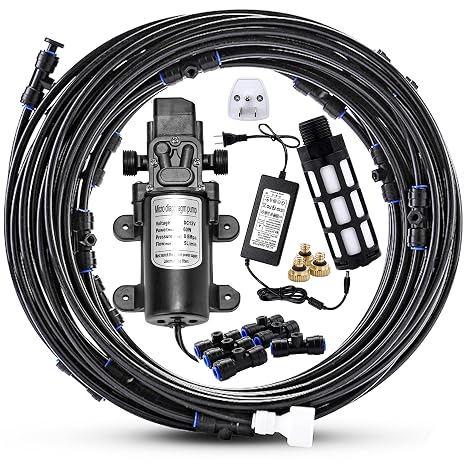 Outdoor Misting Cooling System with Pump Kit, 65.6FT(20M) Misting Line | Misting Pump with Filter, 26 Brass Mist Nozzles, 1 Brass Adapter (3/4"), 12V DC 60W 5L/Min, Self Priming Sprayer Water Pump