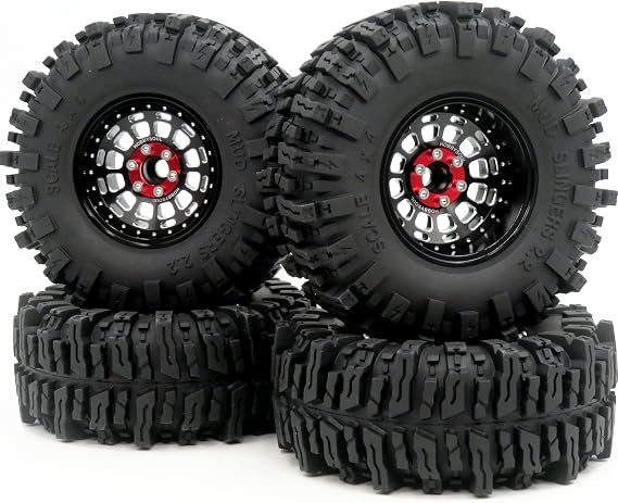 RC 2.2 Mud Slingers Tires 124mm Tall & 2.2 Beadlock Wheels Adjustable Offset 2.2 Rims Black For RC Mud Crawler Trail Gen7 Gen8 Everest 10 Axial Capra Wraith, (4-Pack, Assembled)