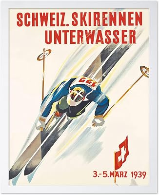 Monem Art Vintage Switzerland Ski Race Poster - Retro Unterwasser Switzerland Print - Sports Art - Gift for Him, Her, Athlete, Travel Lover - Wall Decor for Home, Office, 11x14 White Framed
