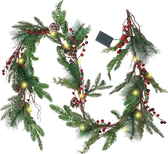 winemana 6 FT Pre-lit Artificial Christmas Garland with 20 LED Lights, Battery Powered with Pine Cones, Red Berries, Pine Needles, Lighted Christmas Garlands for Fireplace Mantle Holiday Decorations