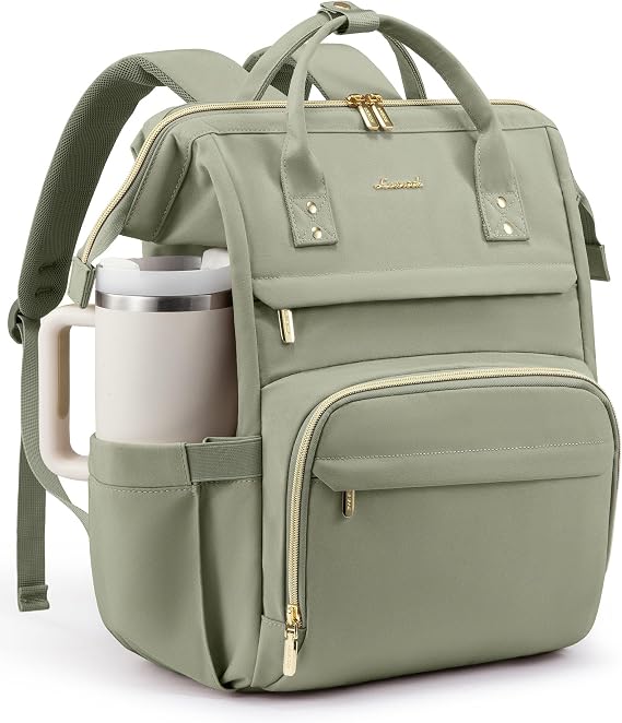 LOVEVOOK Laptop Backpack for Women with Giant Tumbler Holder Pocket,15.6inch Waterproof Travel Backpack Purse Computer Laptop Bag,Professional Work College Nurse Teacher Backpack Travel Bag,Bean Green