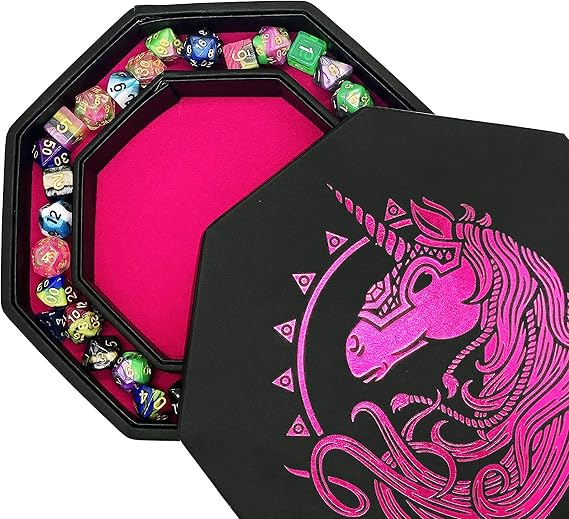 Fantasydice- PINK - War Unicron- Dice Storage And Rolling Tray - 20CM Octagon with Lid and Dice Staging Area- Holds 5 Sets(7 Dice Set/Standard) for All Tabletop RPGs