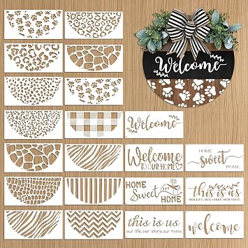 21pcs Welcome Stencils for Painting on Wood 12, Half Round Reusable Stencils for Wood Sign Door Mats Fabrics Furniture Sign Canvas DIY