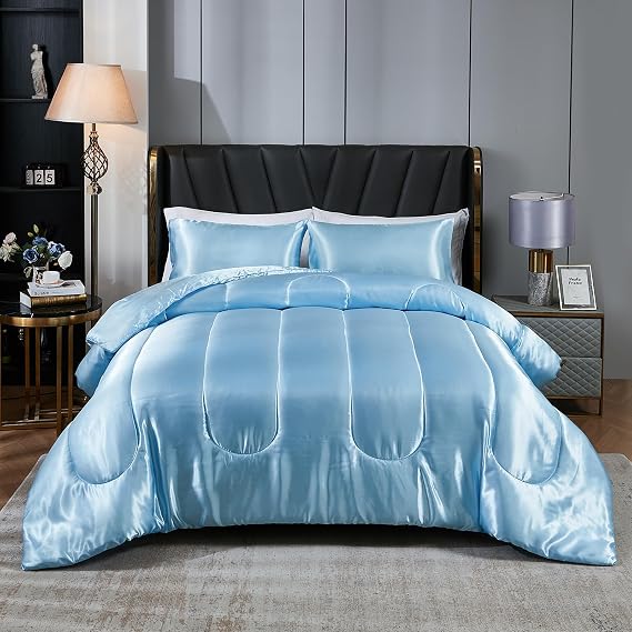 Satin Comforter Set Queen Silk Like Blue Bedding Set Luxury Hotel Silky Bed Home Deocr Sexy Silky Down Comforter Baby Blue Bed Set