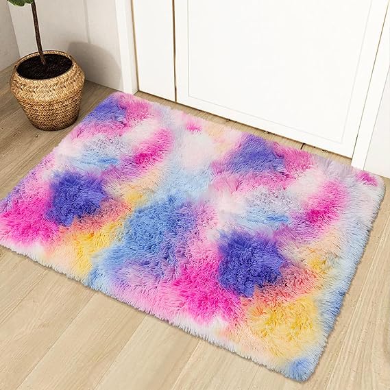 Small Throw Rugs, Non Slip Mini Area Rug, Tie-Dyed Rainbow Carpet | 2x3 Ft Fluffy Furry Rainbow Rug for Bedroom Door Entryway Indoor Inside Front Entrance Dog Mat Home Decor Aesthetic Nursery