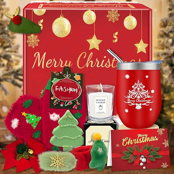 Christmas Gifts for Women, 2025 Christmas Gift Ideas, Gift Basket for Women, Mom, Sister, Girl, Best Friend, Teacher, Coworker, Xmas Gift with Stocking, 12 Oz Tumbler
