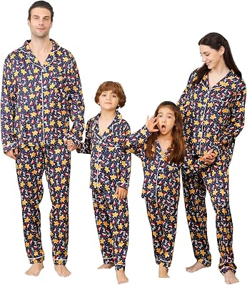 ANGELGGH Silk Christmas Pajamas for Family Matching Satin Holiday PJs Sets 2 Pcs Festival Party Button Down Sleepwear Women, M, Silk Blue Gingerbread Man