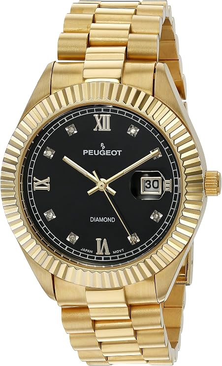 Peugeot 14K Gold Plated Diamond Luxury Dress Watch with Fluted Bezel and Calendar