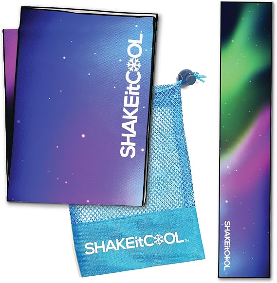 SHAKEitCOOL Original Cooling Towel Be Cool in Style - Heat Relief, Soft, Lightweight, Sun Protection, Easy Clean - Perfect for Biking, Running, Yoga, Gym, Gardening - Aurora