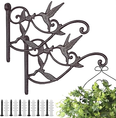 2PCS Plant Hangers Outdoor Plant Hooks for WallFence, Hummingbird Hanging Plant Bracket Heavy Duty Cast Iron Plant Hanger for LanternBird Feeder, Drak Brown