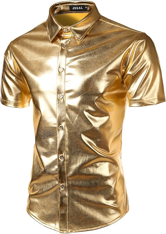 JOGAL Men's 70s Disco Shiny Metallic Gold Silver Short Sleeve Button Down Shirt