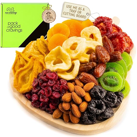 NUT CRAVINGS - Dried Fruit & Mixed Nuts Gift Basket in Wooden Pear-Shaped Tray (9 Assortments) Food Arrangement, Healthy Snack Care Package,