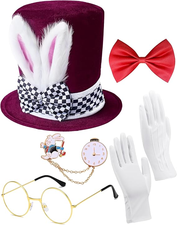 White Rabbit Costume Bunny Ear Top Hat Rabbits Ears Topper Plush Hat Mad Hatter Set for Easter Halloween Cosplay Accessories
