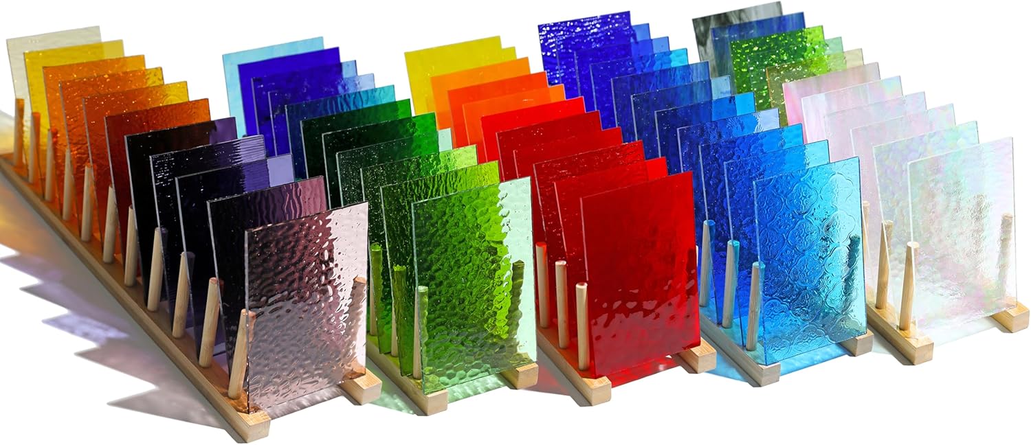 50 PCS Transparent Stained Glass Sheets for Crafts, 4"x6" Assorted Textures and Colors, Cathedral Mosaic Glass Pack, Brilliant Glass Tiles for DIY Art and Mosaic Tiles Projects