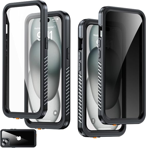 for iPhone 15 Case IP68 Waterproof, Black | Built-in Privacy Screen Protector & HD Screen Protector Shockproof Dustproof Full Body Protection iPhone 15 Phone Case