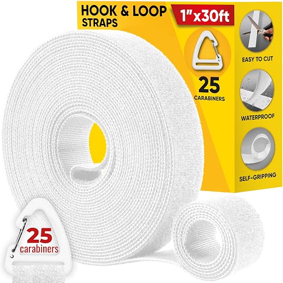 Hook and Loop One Wrap Tape, Fastening Cable Straps with Heavy Duty Strenght, Easy to Cut Roll, Quick Wrap Cable Straps, Bundling Ties Fasten Self Gripping for Storage and Organization (White)