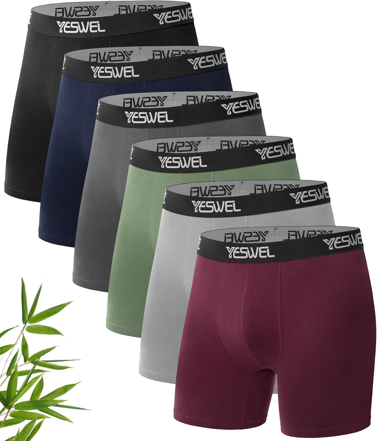 YESWEL Bamboo Mens Boxers Long Leg 6 Pack, Anti Chafing Boxer Shorts, Moisture Wicking Underwear with 3D Pouch, Elasticated Waistband Underpants Trunks, No Itchy Labels Pants (M-3XL)