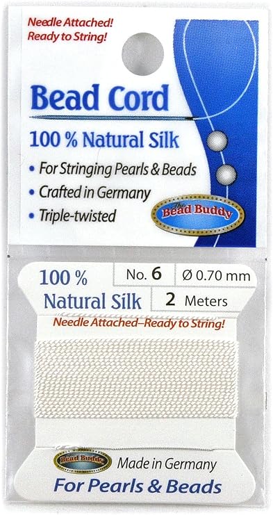Bead Buddy 0.7mm Natural White Silk Cord Thread with Attached Needle - Ideal for Jewelry Making - 2m Long