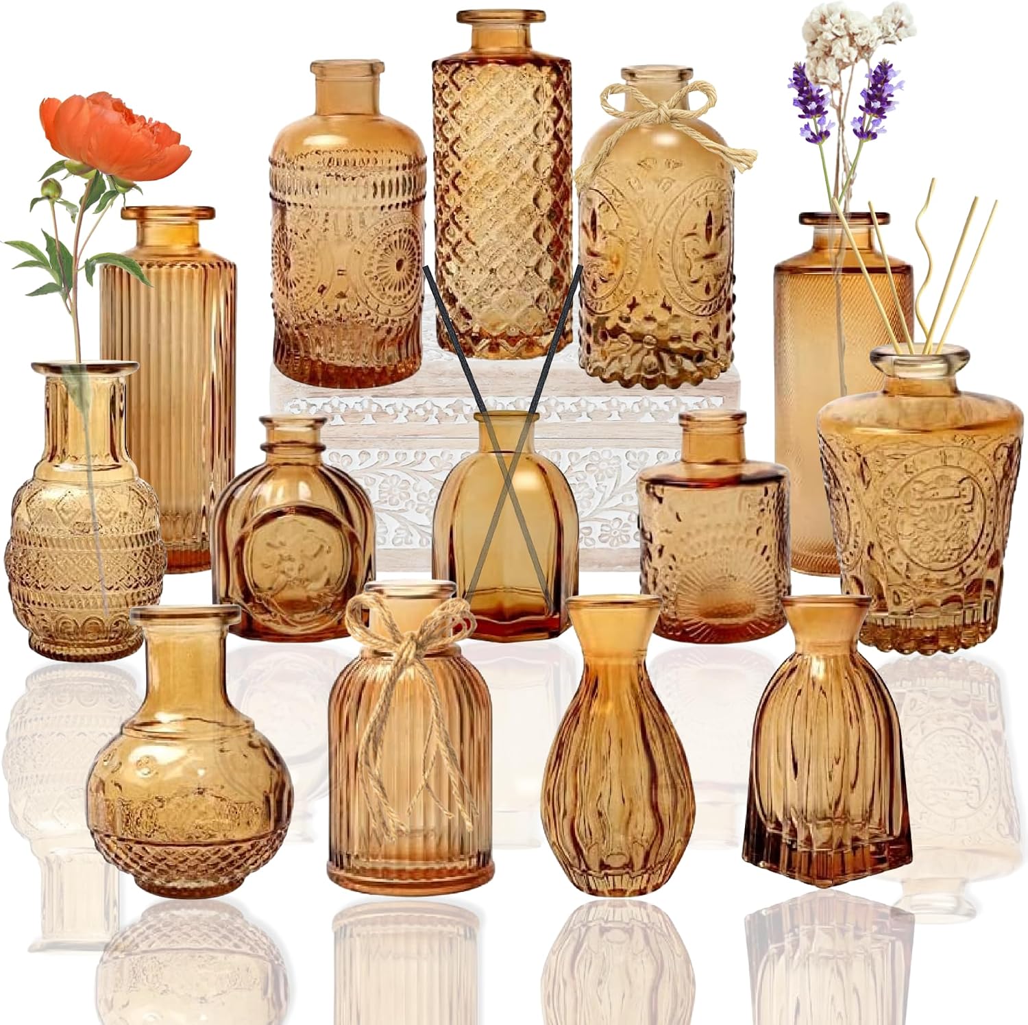 hanfc 14 Pieces Amber Bud Vases Set, Flower Vase, Wedding Table Decoration, Dining Table Centrepiece, Small Glass Vases for Flowers, Bud Vase, Home Decor, Living Room Accessories, Wedding Decorations