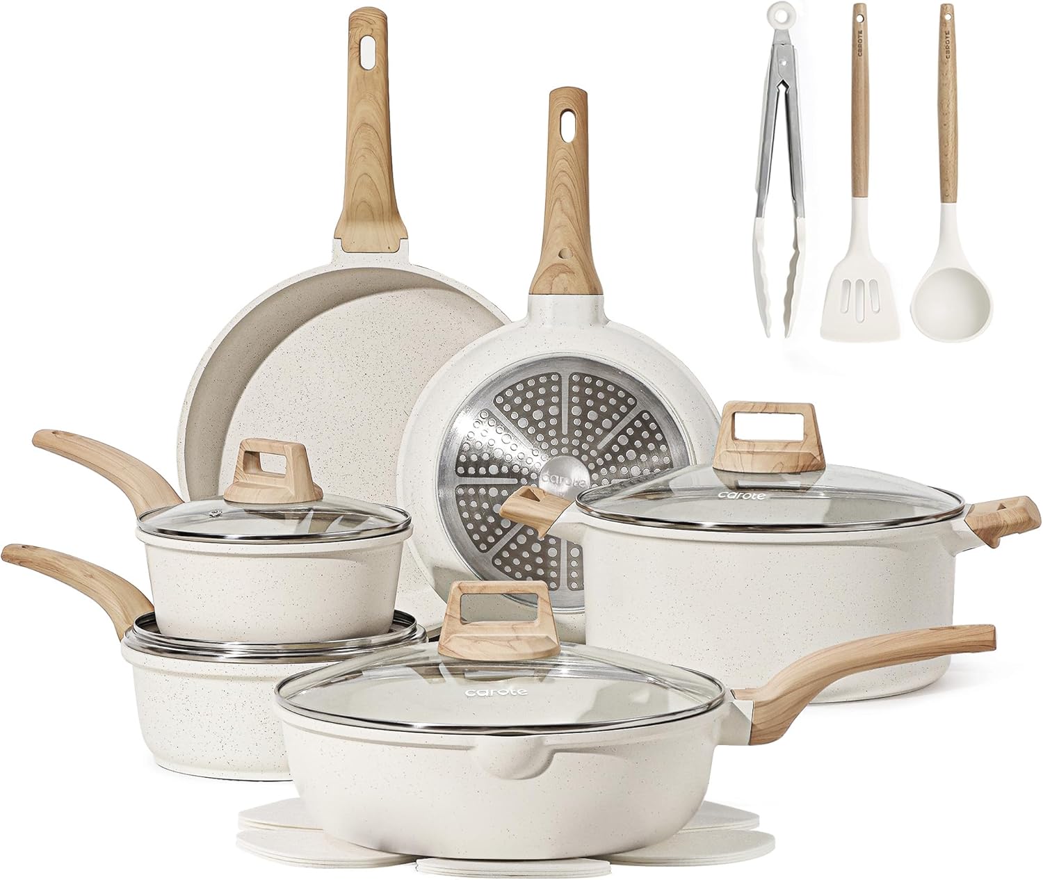 CAROTE 16 Piece Pot and Pan Set Non-Stick White Granite Cookware Set Induction Cookware Non-Stick Cooking Set with Frying Pans and Pots (PFOS PFOA Free)