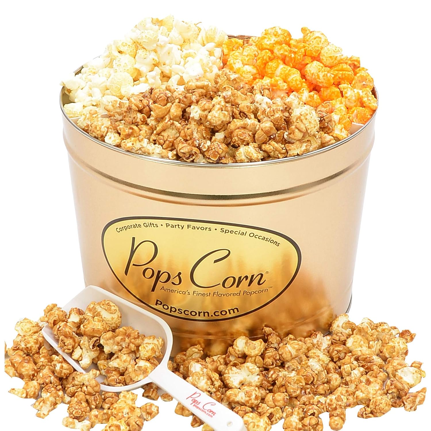 Popcorn Gourmet Tin-Large 2 Gallon. Caramel, Cheese & Kettle Corn. Free Scooper! and Bags Included. Fresh & Delicious