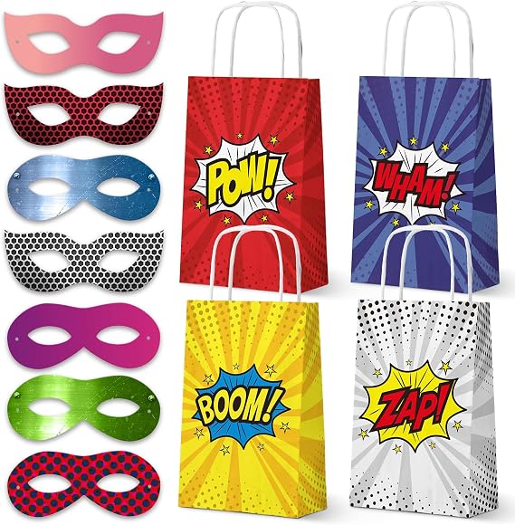 KALEFO 16 Pack Superhero Party Favor Bags with Paper Masks