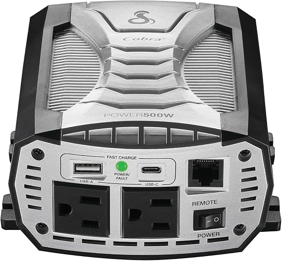Cobra POWER 500W Power Inverter, Portable 500-Watt Car Charger, 2 Grounded AC Outlets, 2 Fast Charge USB Ports and Remote Controller (CPIALCDG1) Compatible